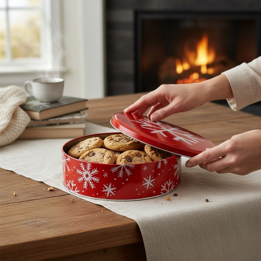Target Round Cookie Tin Holiday Red Snowflake NWOT 7 Inch Christmas Storage